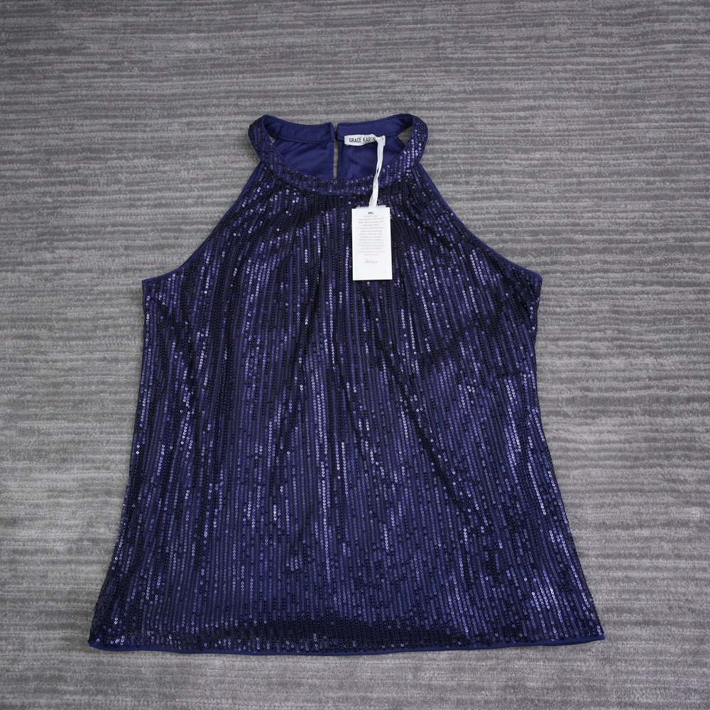 Grace Karin Womens XL Sequin Halter Top Navy‎ Blue Sleeveless Party Blouse NWT